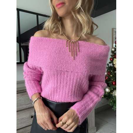 pull doudou rose col bardot épaules dénudées mode tendance noël hiver Grecy outfit fêtes