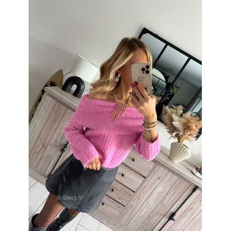 pull doudou rose col bardot épaules dénudées mode tendance noël hiver Grecy outfit fêtes