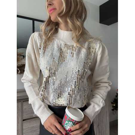 pull beige sequins col montant tendance noël hiver Grecy outfit fêtes