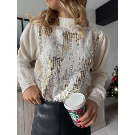 pull beige sequins col montant tendance noël hiver Grecy outfit fêtes