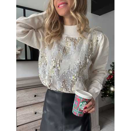 pull beige sequins col montant tendance noël hiver Grecy outfit fêtes