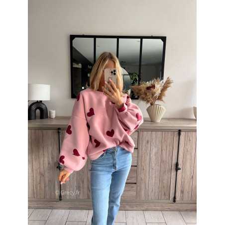 sweat pull rose coeurs rouge saint Valentin mode tendance chic grecy outfit ootd printemps