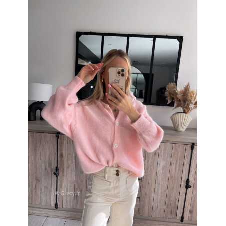 gilet maille cardigan rose poudré pastel alpaga babyalpaga printemps été grecy mode outfit ootd look tendance