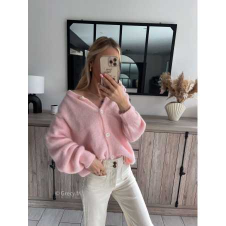 gilet maille cardigan rose poudré pastel alpaga babyalpaga printemps été grecy mode outfit ootd look tendance