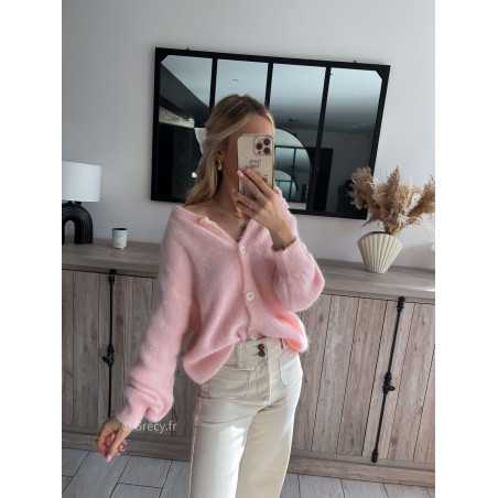 gilet maille cardigan rose poudré pastel alpaga babyalpaga printemps été grecy mode outfit ootd look tendance