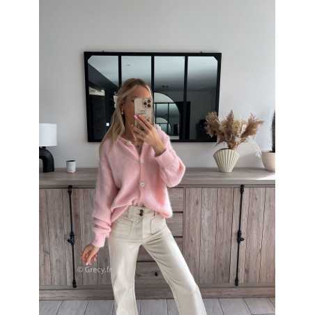 gilet maille cardigan rose poudré pastel alpaga babyalpaga printemps été grecy mode outfit ootd look tendance