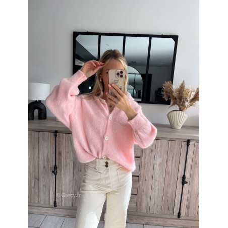 gilet maille cardigan rose poudré pastel alpaga babyalpaga printemps été grecy mode outfit ootd look tendance