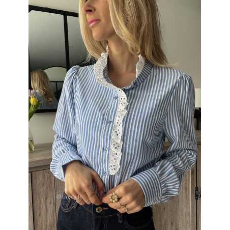 chemise rayures bleu blanche broderies col dentelles sezane printemps été grecy mode outfit ootd look tendance