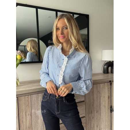 chemise rayures bleu blanche broderies col dentelles sezane printemps été grecy mode outfit ootd look tendance