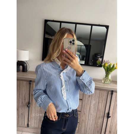 chemise rayures bleu blanche broderies col dentelles sezane printemps été grecy mode outfit ootd look tendance