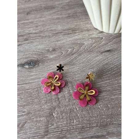 Boucles oreilles rose relief nacre légères acier inoxydable printemps été grecy bijoux