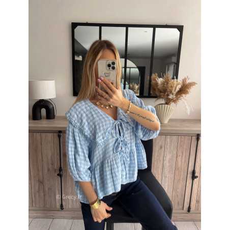 blouse vichy gaze de coton noeuds devant bleu clair col Claudine grand mode tendance grecy printemps été 2024 outfit look ootd