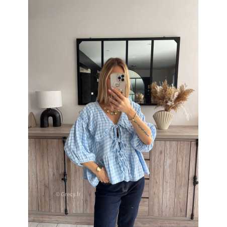 blouse vichy gaze de coton noeuds devant bleu clair col Claudine grand mode tendance grecy printemps été 2024 outfit look ootd