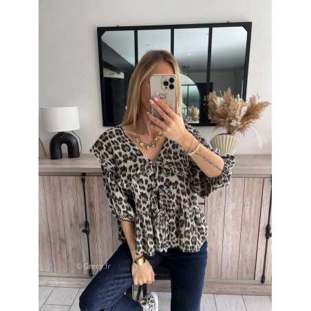 blouse léopard gaze de coton noeuds devant col Claudine grand mode tendance grecy printemps été 2024 outfit look ootd