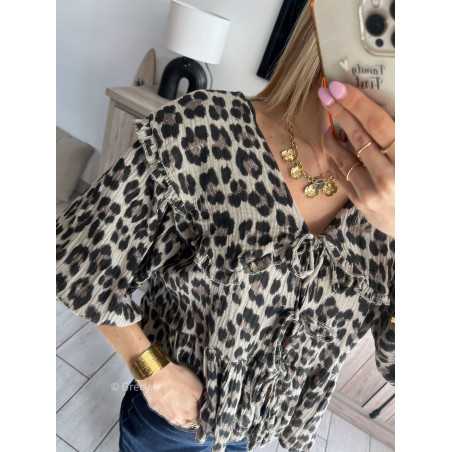 blouse léopard gaze de coton noeuds devant col Claudine grand mode tendance grecy printemps été 2024 outfit look ootd