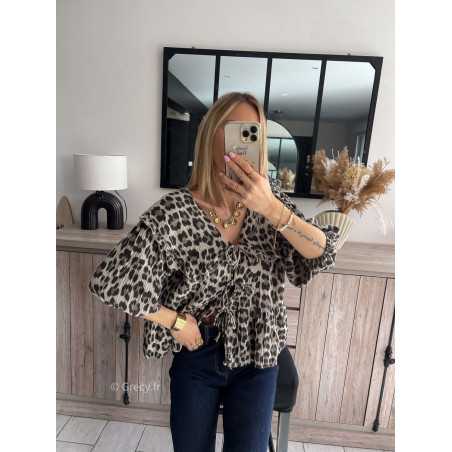 blouse léopard gaze de coton noeuds devant col Claudine grand mode tendance grecy printemps été 2024 outfit look ootd