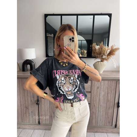 t-shirt tigre gris chiné rose or doré mode tendance grecy printemps été 2024 outfit look ootd