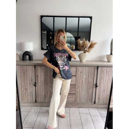 t-shirt tigre gris chiné rose or doré mode tendance grecy printemps été 2024 outfit look ootd