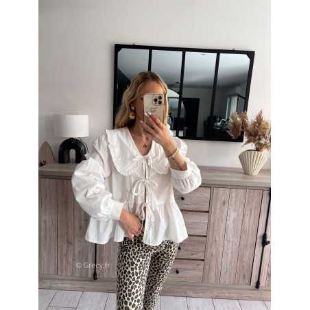 chemise blouse blanche grand col Claudine noeuds nouée devant été printemps 2024 mode grecy tenue ootd outfit look