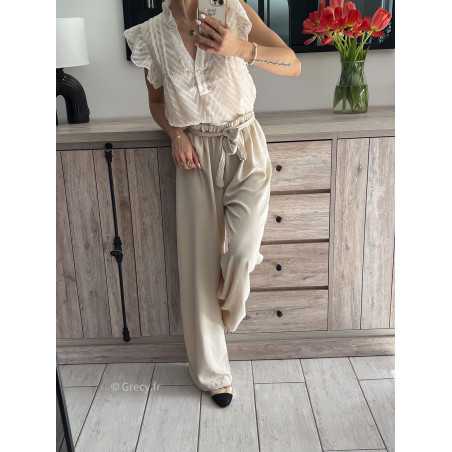 Pantalon fluide beige mode grecy tendance printemps été mariage baptême 2024 ootd fluide cérémonie chic