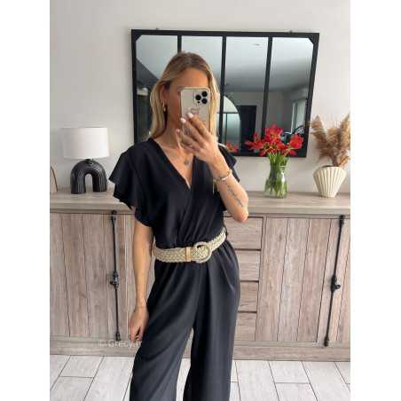 combinaison fluide noire ceinture dorée or mariage baptême chic grecy ootd outfit look tenue