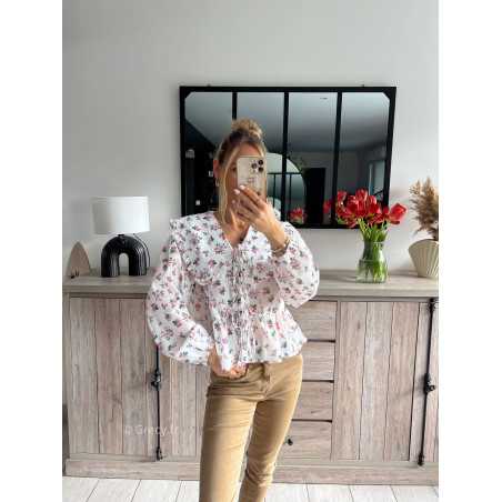 Blouse blanche nouee motif fleurie col Claudine Couleur Blanc Taille M L