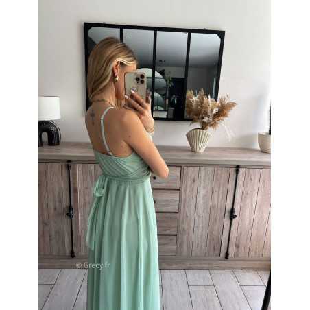 robe longue cérémonie vert d'eau pastel clair bretelles doublure chic look tenue printemps été 2024 grecy mariage baptême