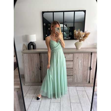 robe longue cérémonie vert d'eau pastel clair bretelles doublure chic look tenue printemps été 2024 grecy mariage baptême