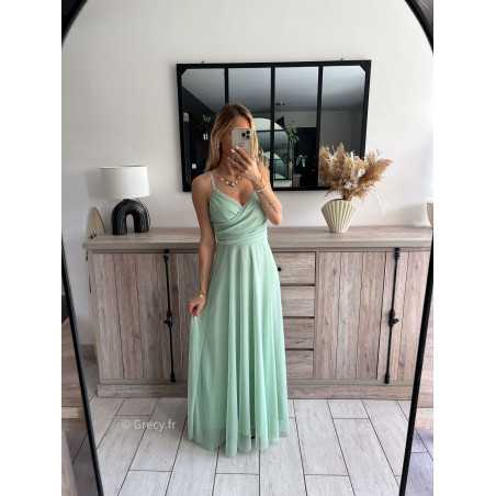 robe longue cérémonie vert d'eau pastel clair bretelles doublure chic look tenue printemps été 2024 grecy mariage baptême