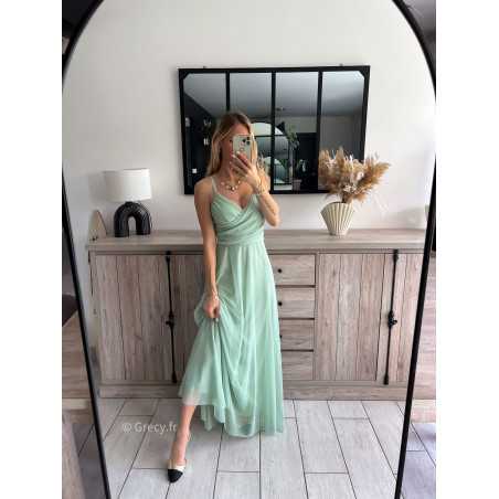 robe longue cérémonie vert d'eau pastel clair bretelles doublure chic look tenue printemps été 2024 grecy mariage baptême