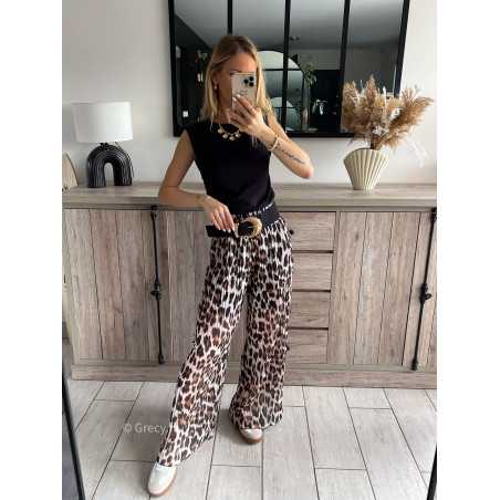 pantalon plissé léopard marron taille élastique look tenue printemps été 2024 grecy