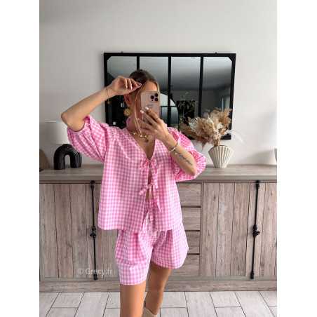 Ensemble vichy rose short blouse noeuds manches courtes printemps été 2024 mode look ootd outfit grecy