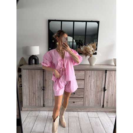 Ensemble vichy rose short blouse noeuds manches courtes printemps été 2024 mode look ootd outfit grecy