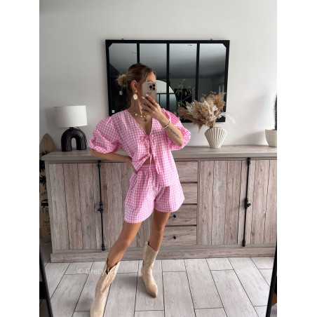 Ensemble vichy rose short blouse noeuds manches courtes printemps été 2024 mode look ootd outfit grecy