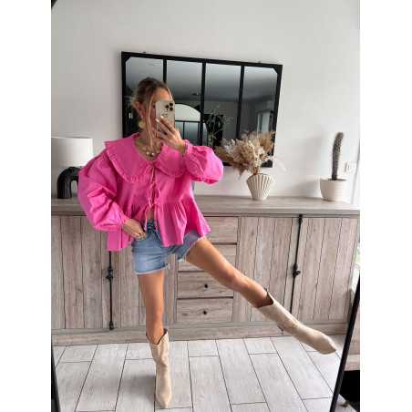 blouse rose fuchsia col Claudine noeuds devant noeuds manches longues printemps été 2024 mode look ootd outfit grecy