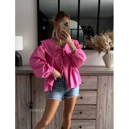 blouse rose fuchsia col Claudine noeuds devant noeuds manches longues printemps été 2024 mode look ootd outfit grecy