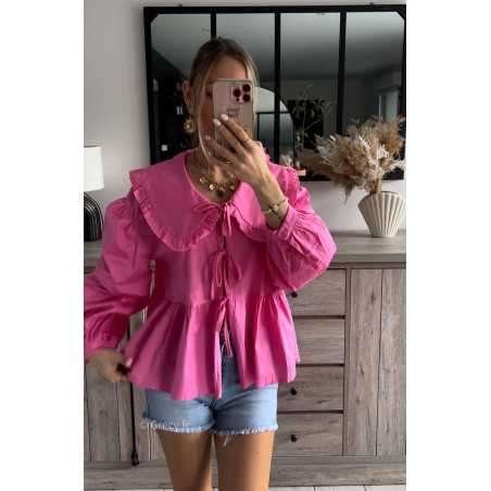 blouse rose fuchsia col Claudine noeuds devant noeuds manches longues printemps été 2024 mode look ootd outfit grecy