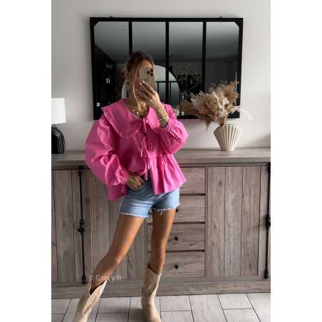 blouse rose fuchsia col Claudine noeuds devant noeuds manches longues printemps été 2024 mode look ootd outfit grecy