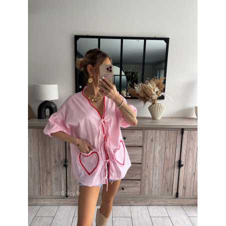 blouse vichy rose et rouge coeurs poches noeuds printemps été 2024 mode look ootd outfit grecy