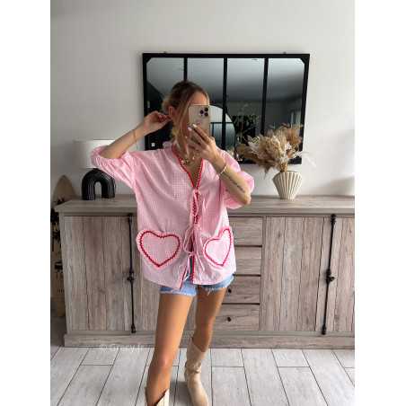 blouse vichy rose et rouge coeurs poches noeuds printemps été 2024 mode look ootd outfit grecy