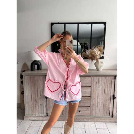 blouse vichy rose et rouge coeurs poches noeuds printemps été 2024 mode look ootd outfit grecy