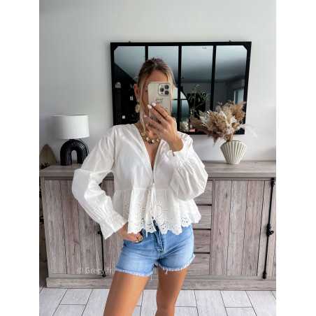 blouse blanche noeud broderie anglaise volants manches longues printemps été 2024 mode look ootd outfit grecy