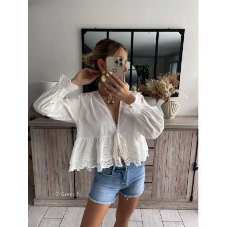 blouse blanche noeud broderie anglaise volants manches longues printemps été 2024 mode look ootd outfit grecy