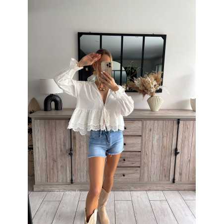 blouse blanche noeud broderie anglaise volants manches longues printemps été 2024 mode look ootd outfit grecy