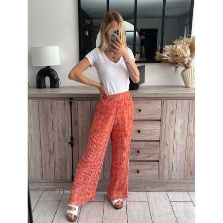 pantalon plissé orange fleuri coloré grecy taille élastique mode ootd look printemps été 2024