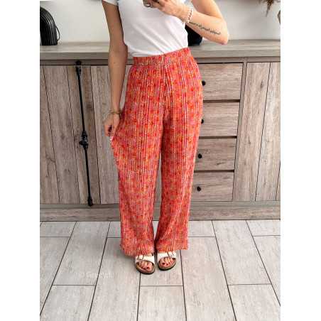 pantalon plissé orange fleuri coloré grecy taille élastique mode ootd look printemps été 2024