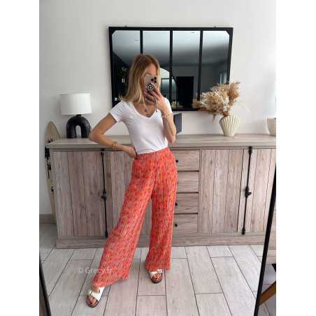 pantalon plissé orange fleuri coloré grecy taille élastique mode ootd look printemps été 2024