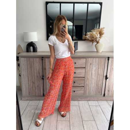 pantalon plissé orange fleuri coloré grecy taille élastique mode ootd look printemps été 2024