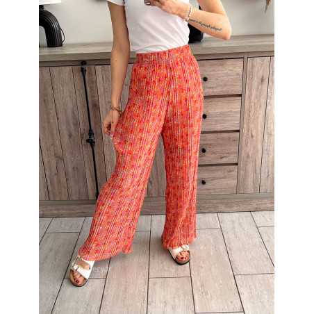 pantalon plissé orange fleuri coloré grecy taille élastique mode ootd look printemps été 2024