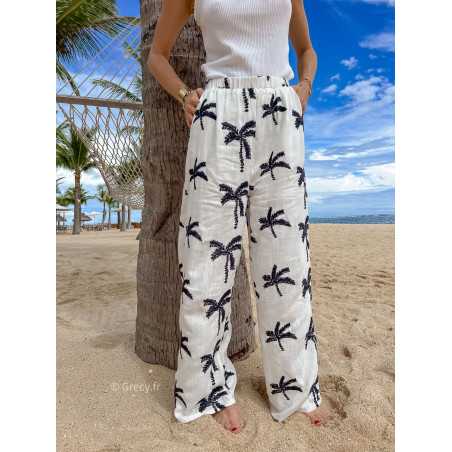 pantalon fluide loin palmiers blanc noir mode ootd look printemps été 2024 plage